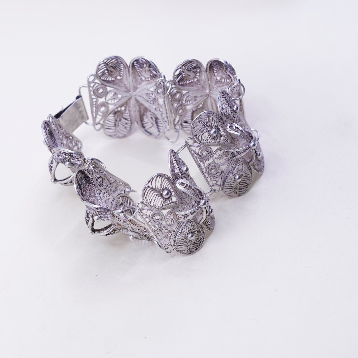 7.5”, vintage sterling silver handmade bracelet, 900 filigree square link chain