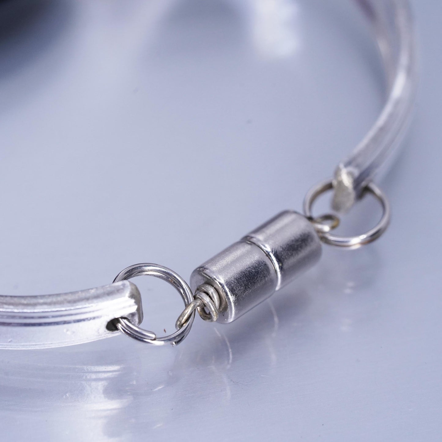 6.75”, Vintage silver tone handmade bracelet, spoon bangle with onyx