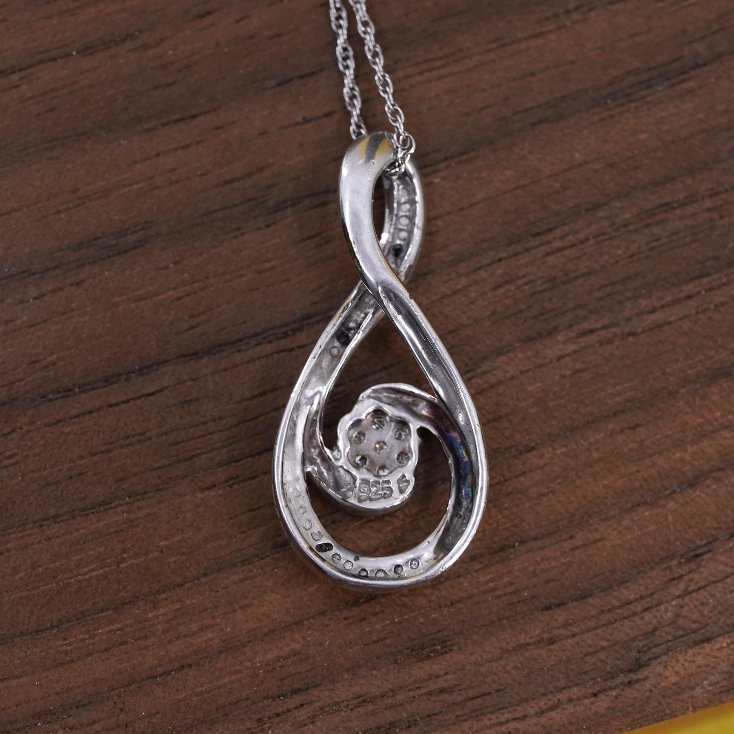 18” Sterling silver necklace, 925 Singapore rope chain teardrop pendant diamond