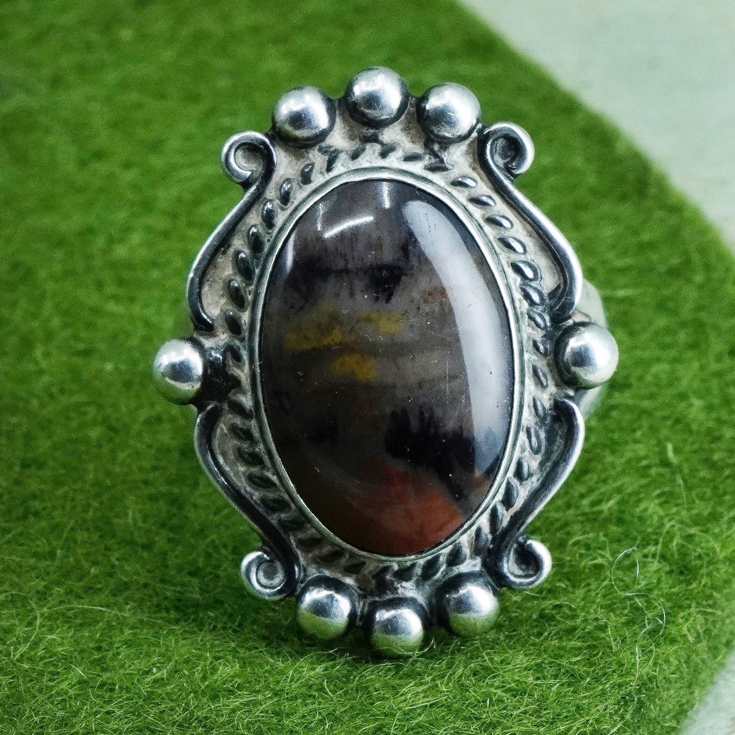 Size 6, Southwestern sterling 925 silver handmade ring with agate and beads
