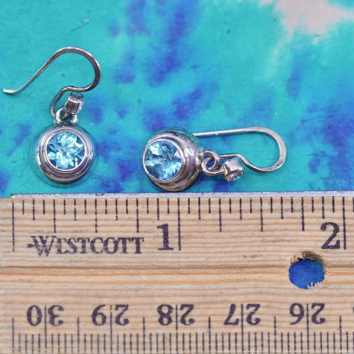 Vintage sterling 925 silver handmade round earrings with blue topaz
