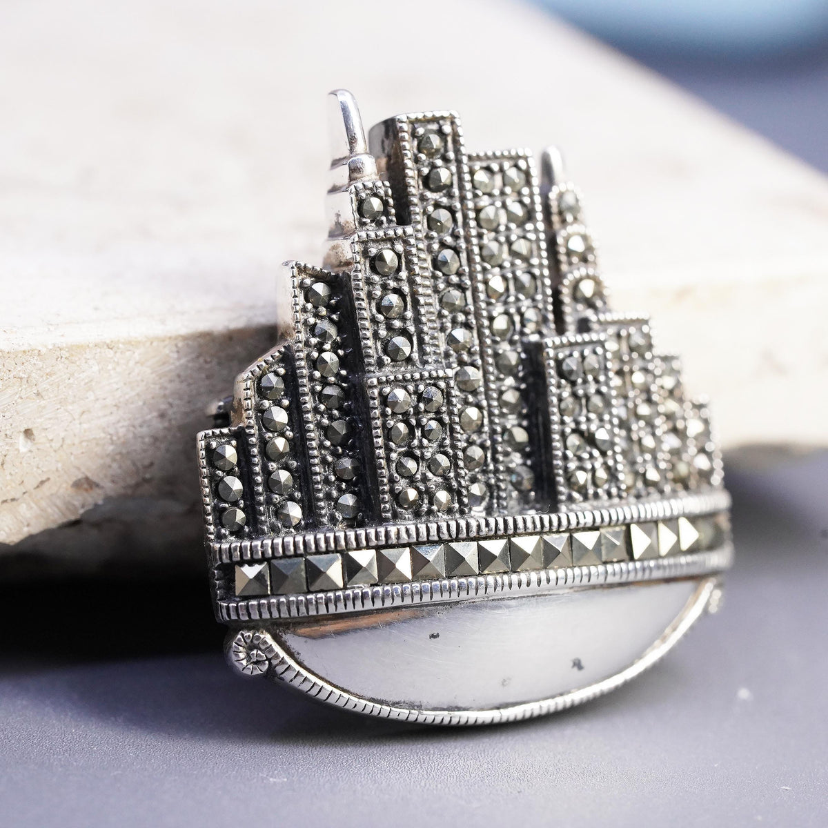 DBJ Sterling 925 Silver Marcasite Art Deco New York City Skyline Brooch Pendant