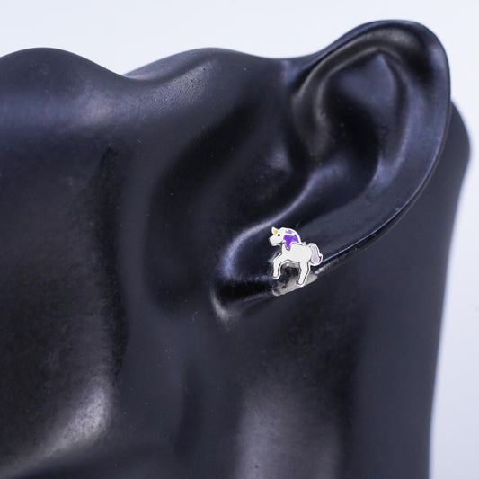 Vintage Sterling 925 silver enamel unicorn earrings, studs