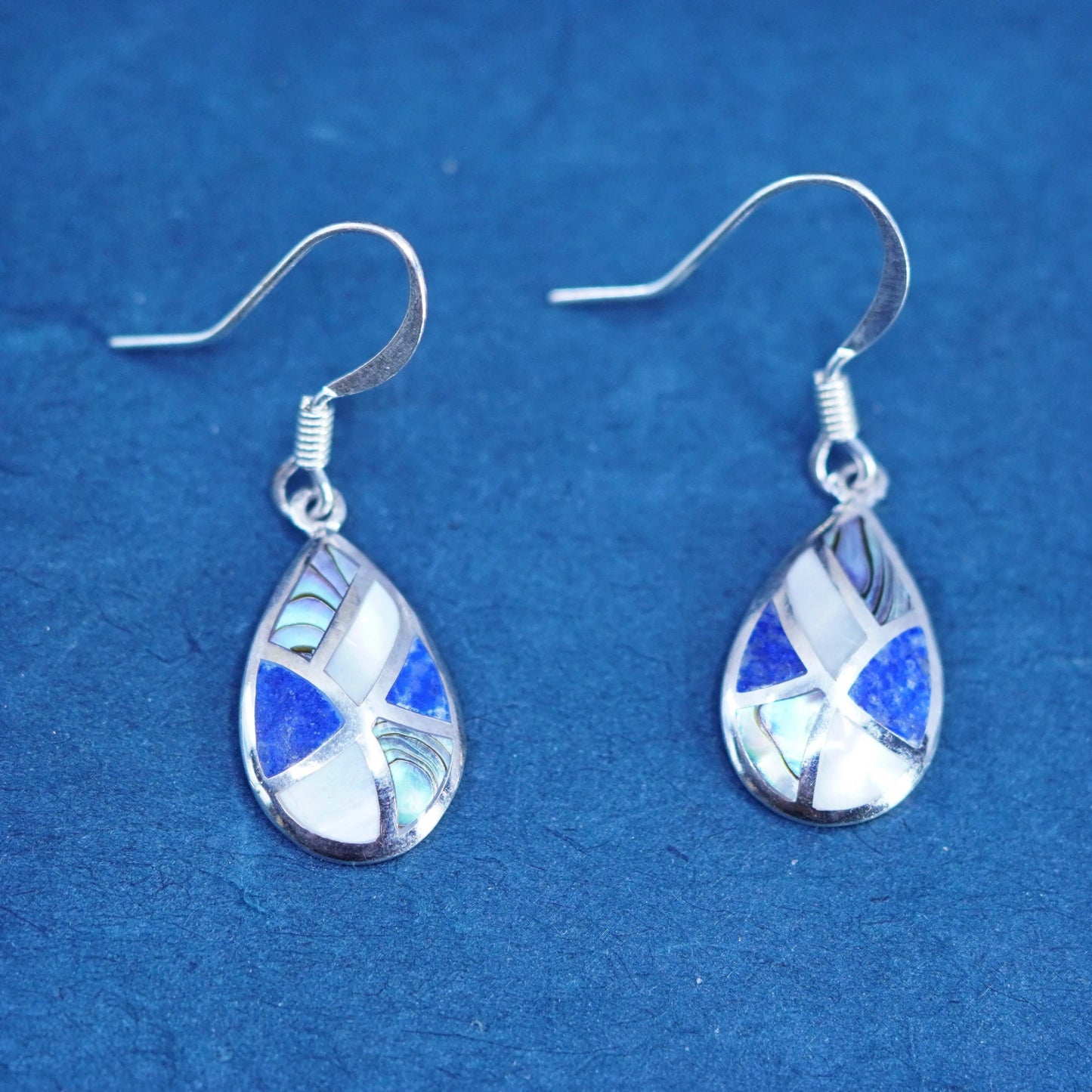 Sterling 925 silver handmade teardrop earrings lapis lazuli, mother of pearl