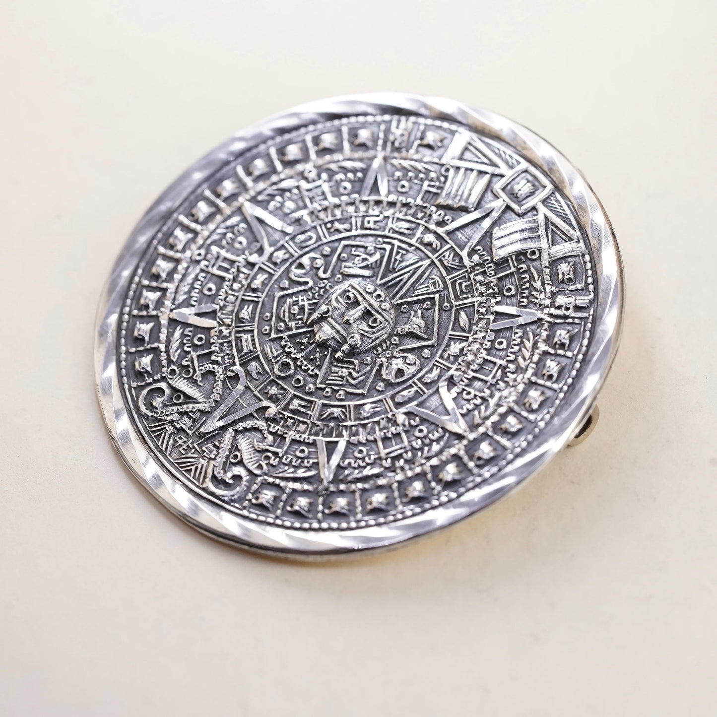 Taxco Sterling Silver Aztec Calendar Brooch Pendant Mexican Mayan Sun Stone Pin