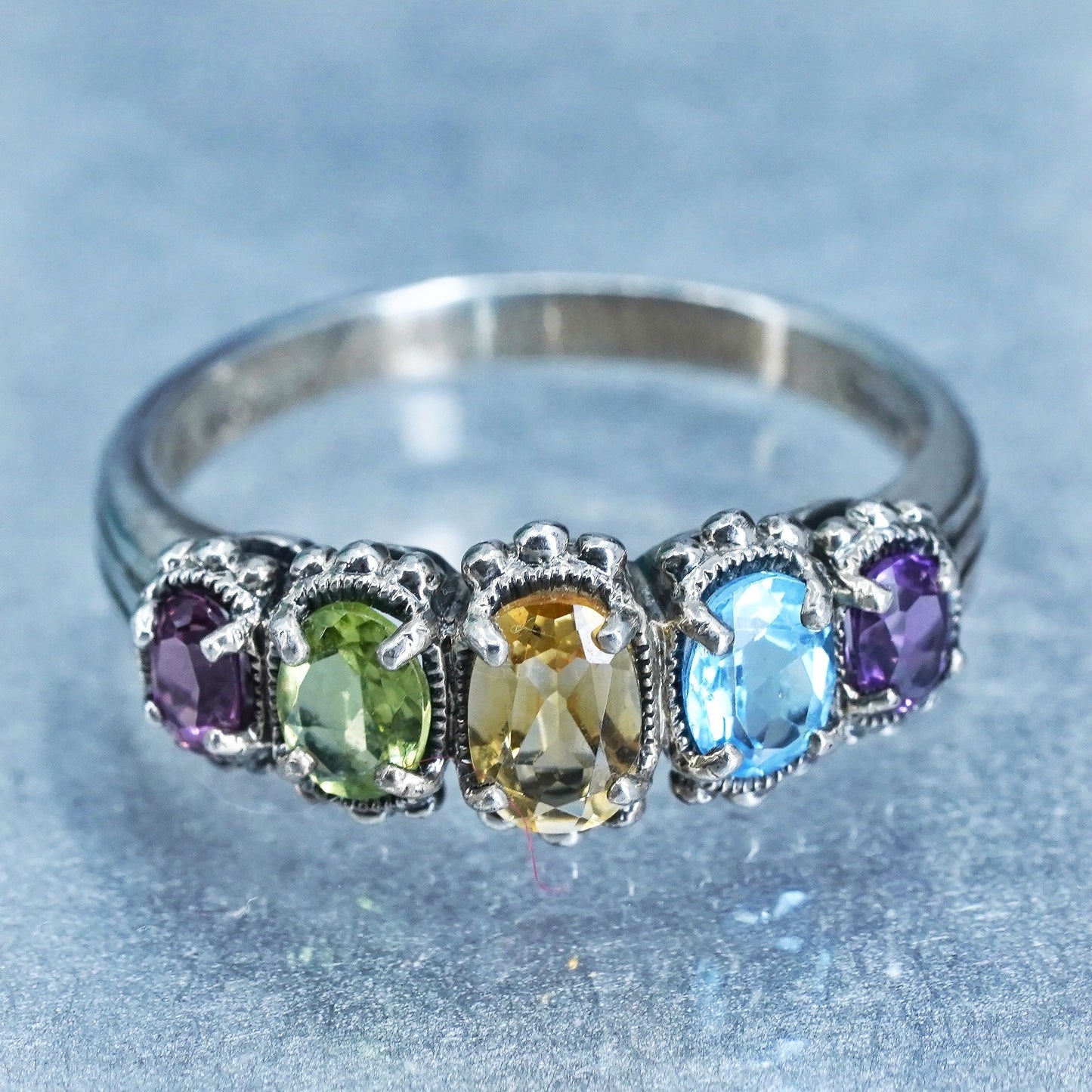 Size 9, vintage Sterling 925 silver ring w/ amethyst peridot citrine ruby topaz