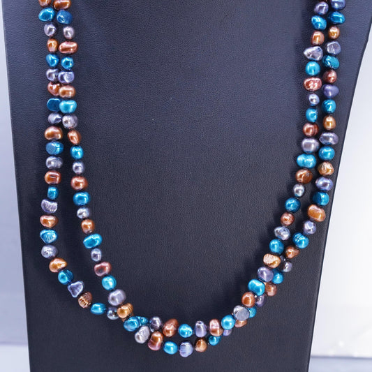 50”, Vintage handmade extra long necklace multi color freshwater pearl beads