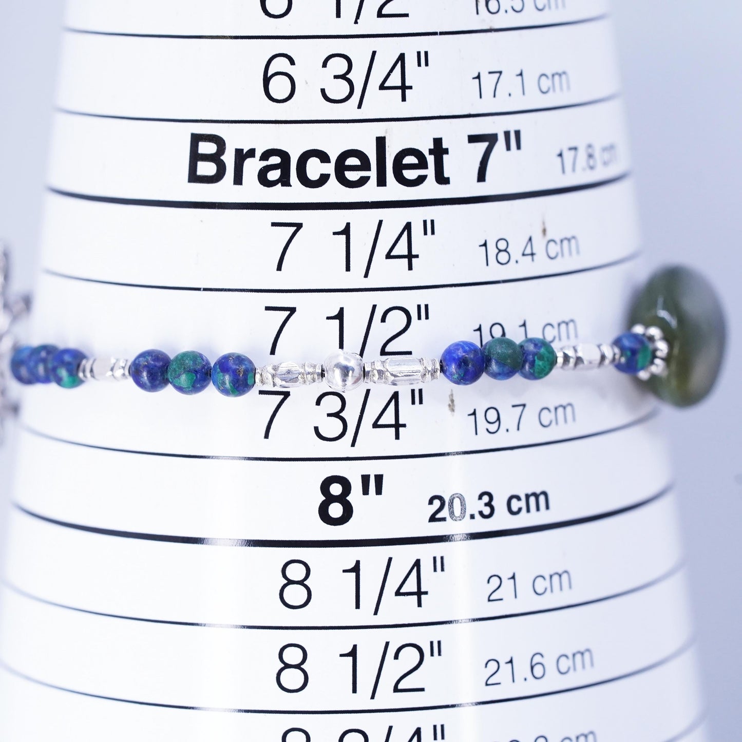 7.75", Vintage Sterling 925 Silver Handmade ammonite Bead Bracelet Jade charm