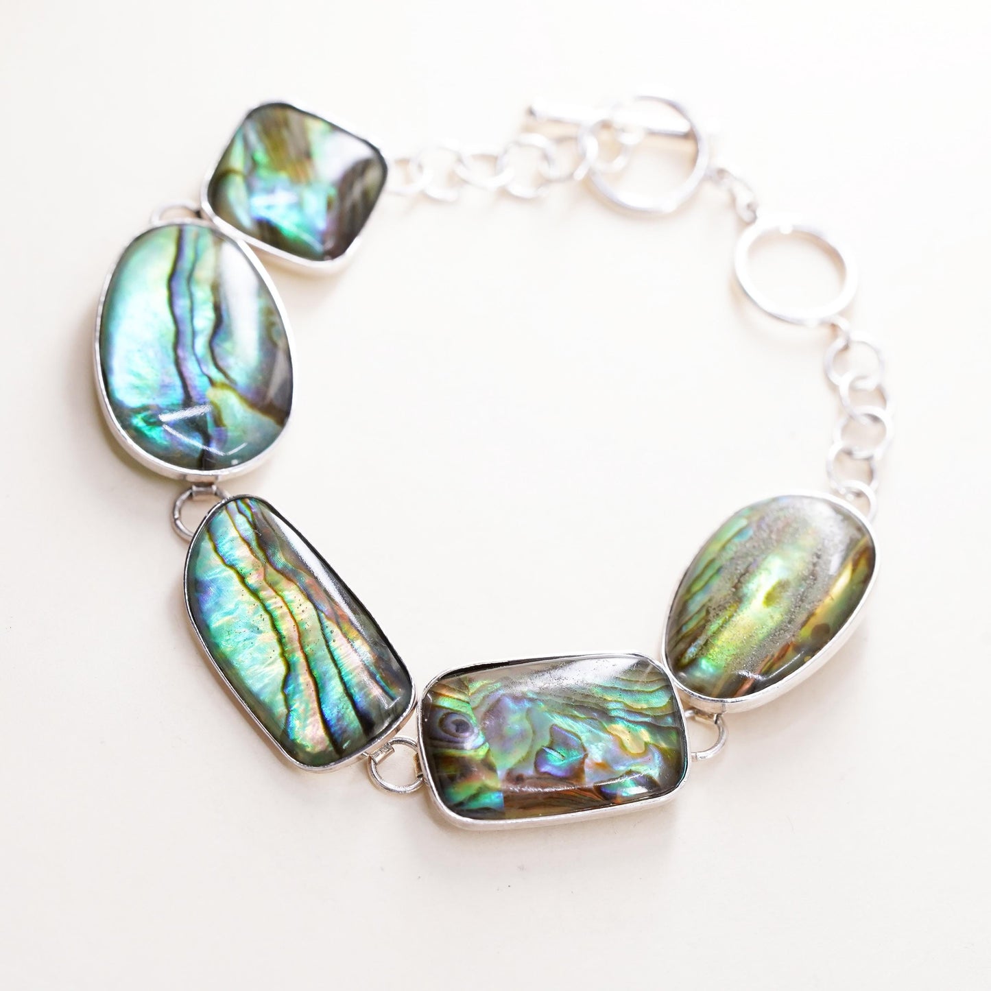 7.25+0.5”, VTG LUC sterling silver 925 handmade bracelet abalone toggle closure