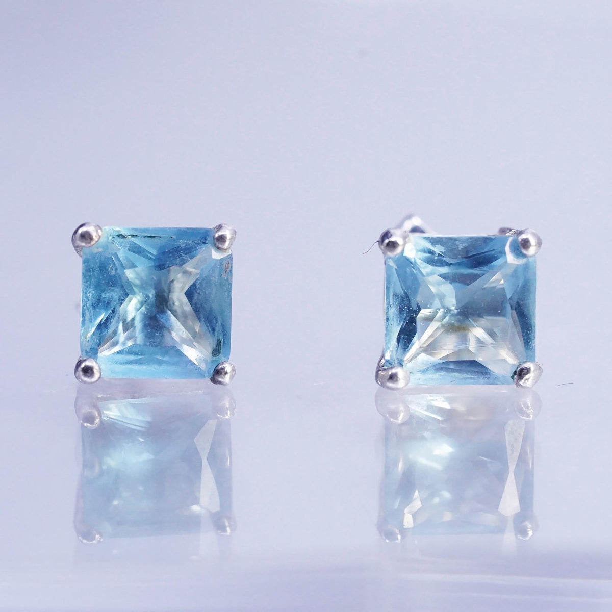 Vintage Sterling 925 silver earrings, square studs with 7mm topaz inlay