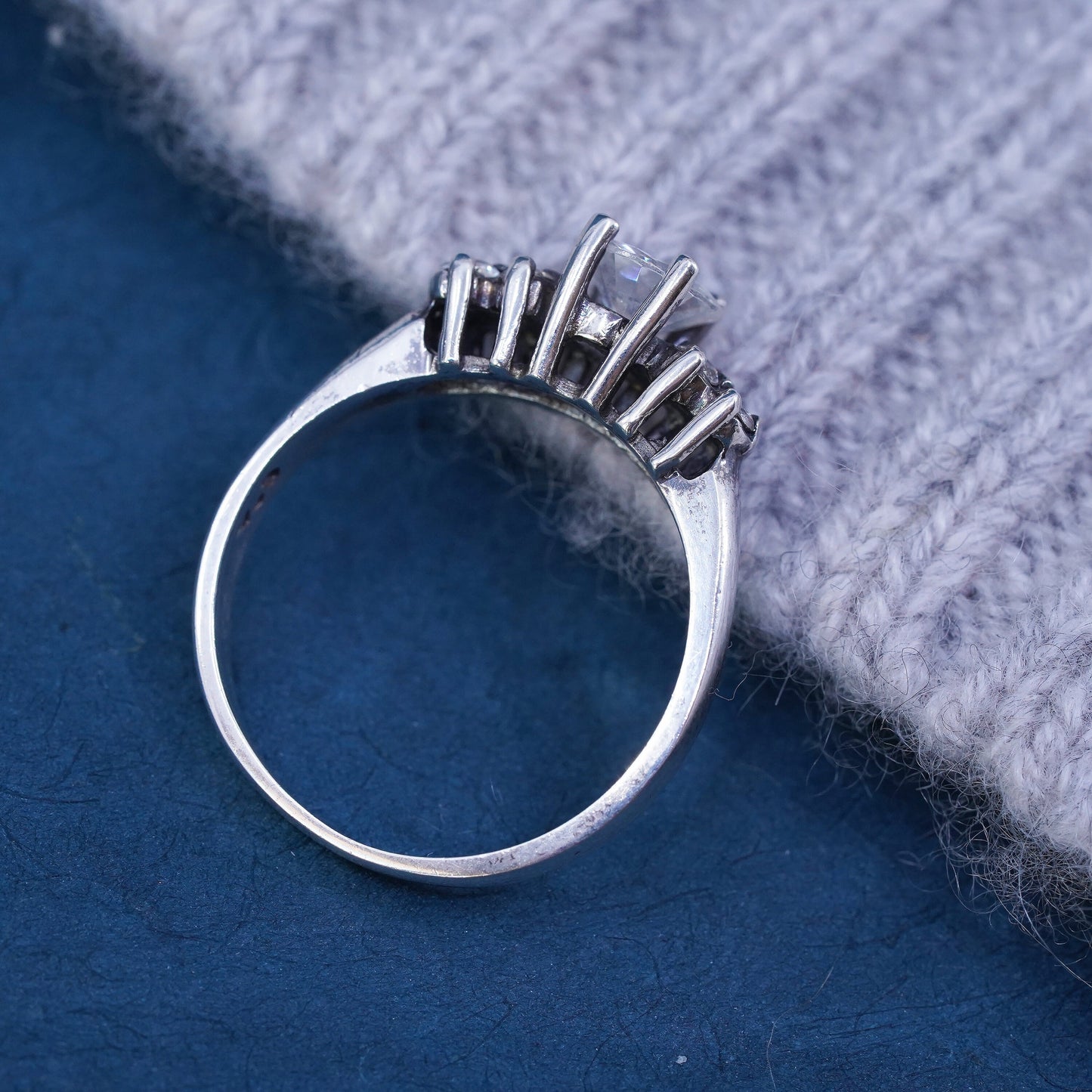 Size 10, vintage Sterling 925 silver engagement ring with cluster Cz around
