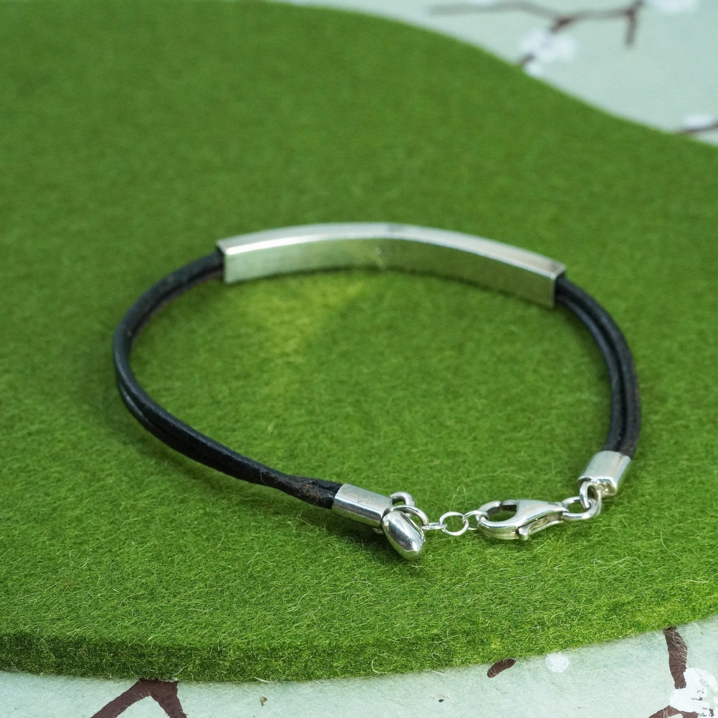 7.5”, black leather chain bracelet sterling 925 silver slide bar love you more
