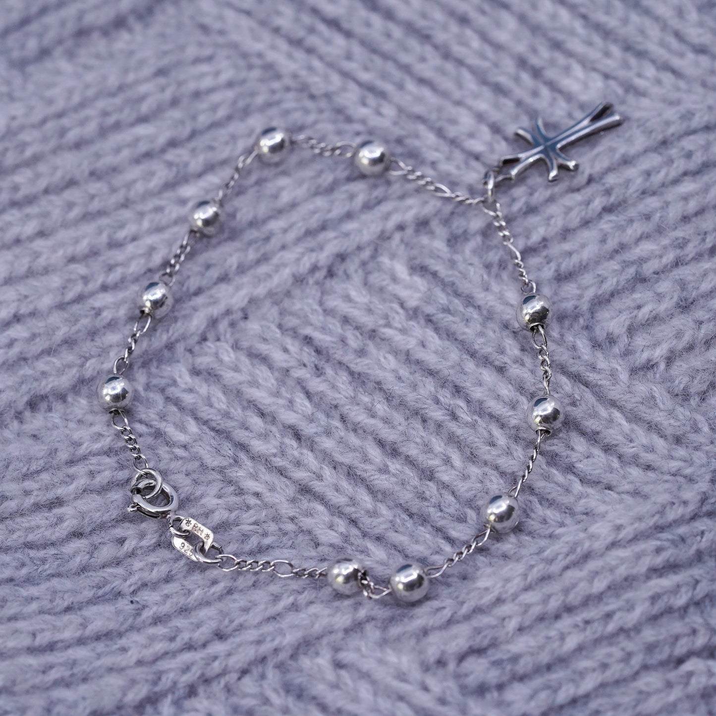 7", vintage Sterling silver handmade bracelet, 925 beads chain with cross charm