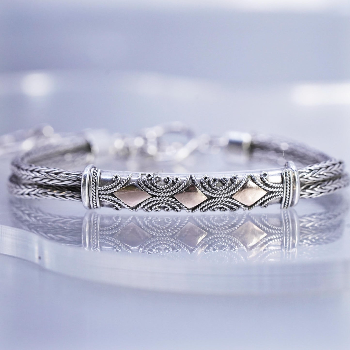 7+1.5", Sterling Silver Bracelet, 925 Double Wheat Chain bar, 12M rose gold
