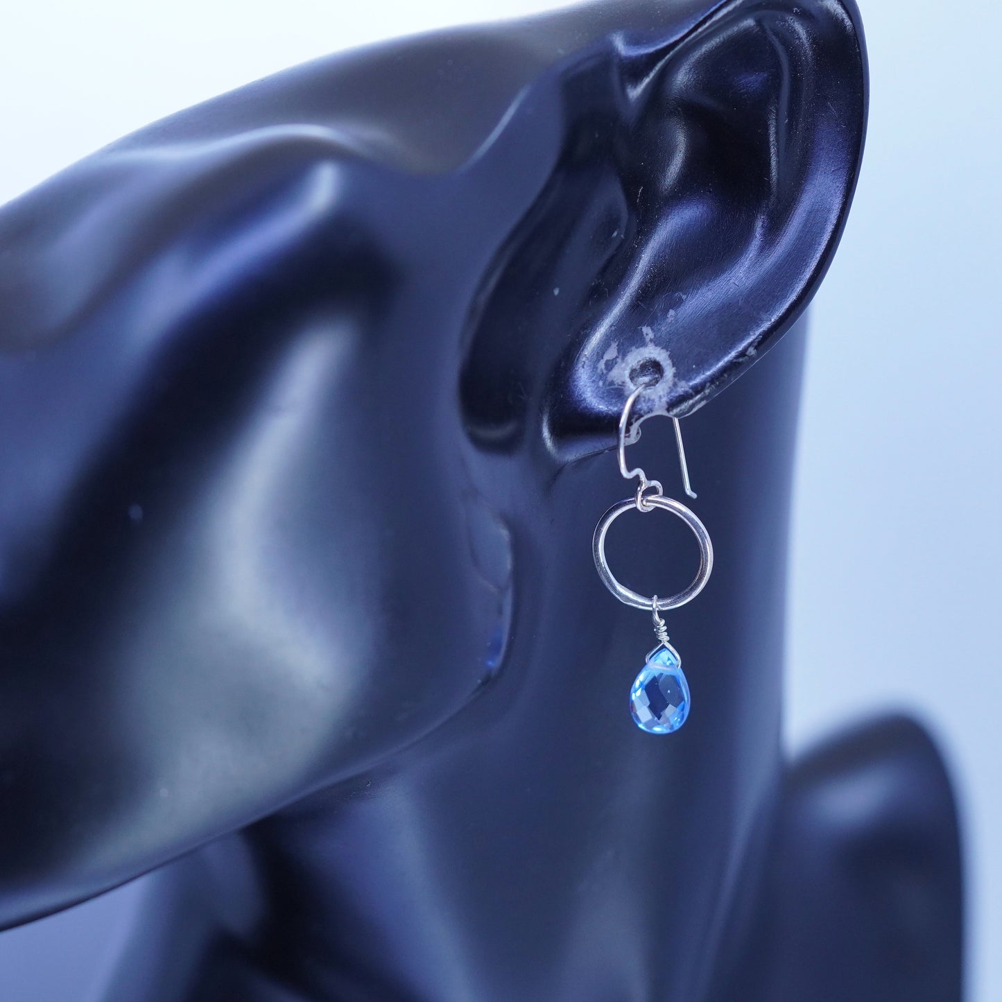 Vintage Sterling 925 silver circle earrings with teardrop blue topaz