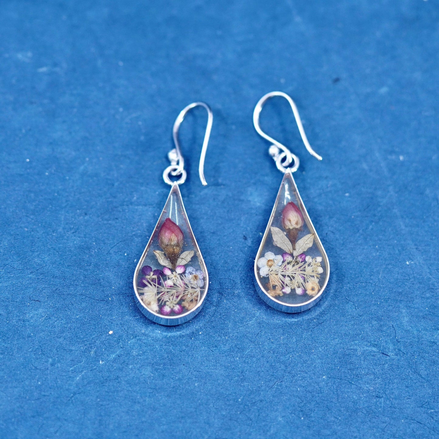 Vintage sterling silver handmade earrings, 925 teardrop with resin flower inlay