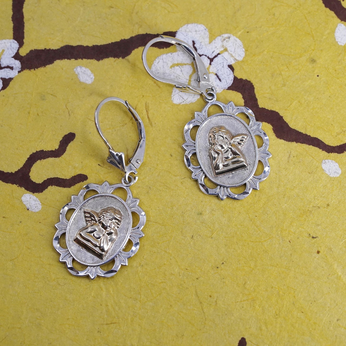 Michael Anthony Sterling 925 silver earrings w/ 14K yellow gold guardian angel