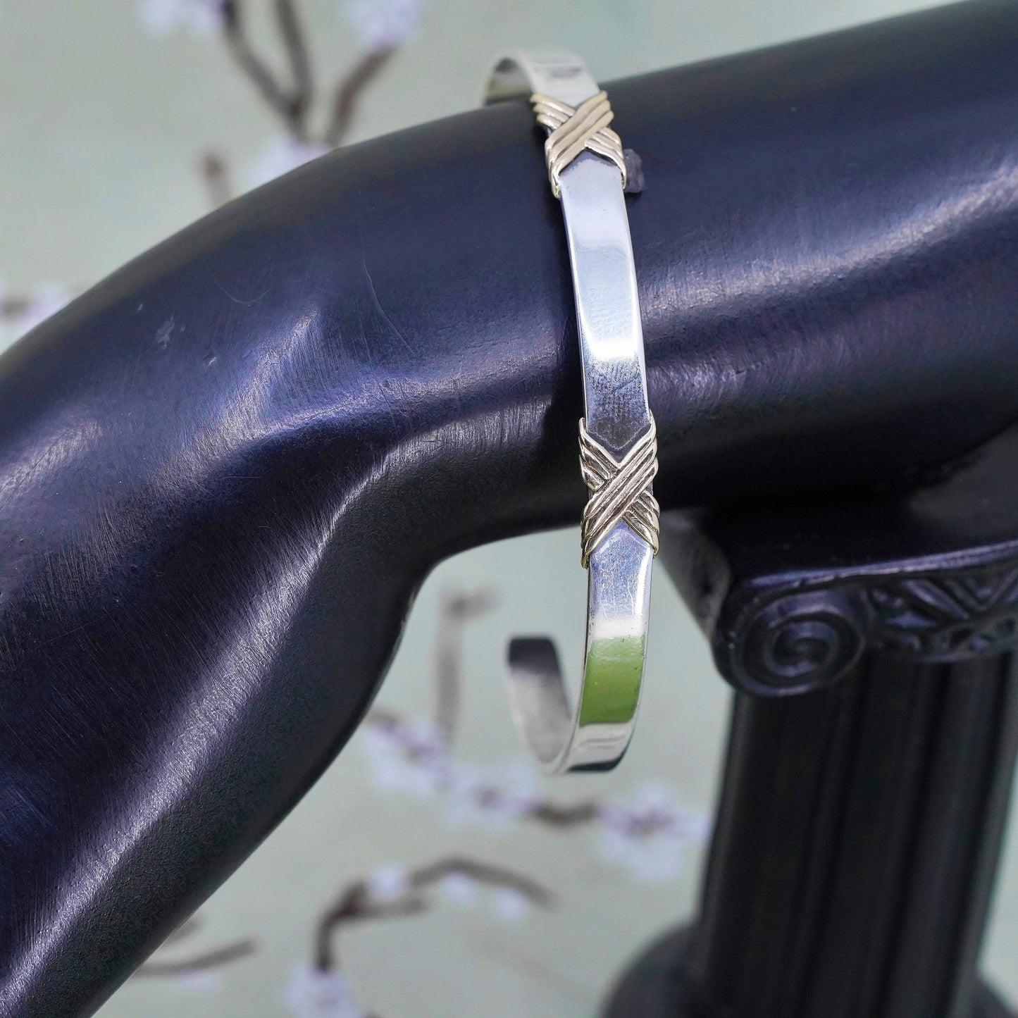 8", Vintage sterling silver 925 handmade cuff bracelet w/ 14K yellow gold trim