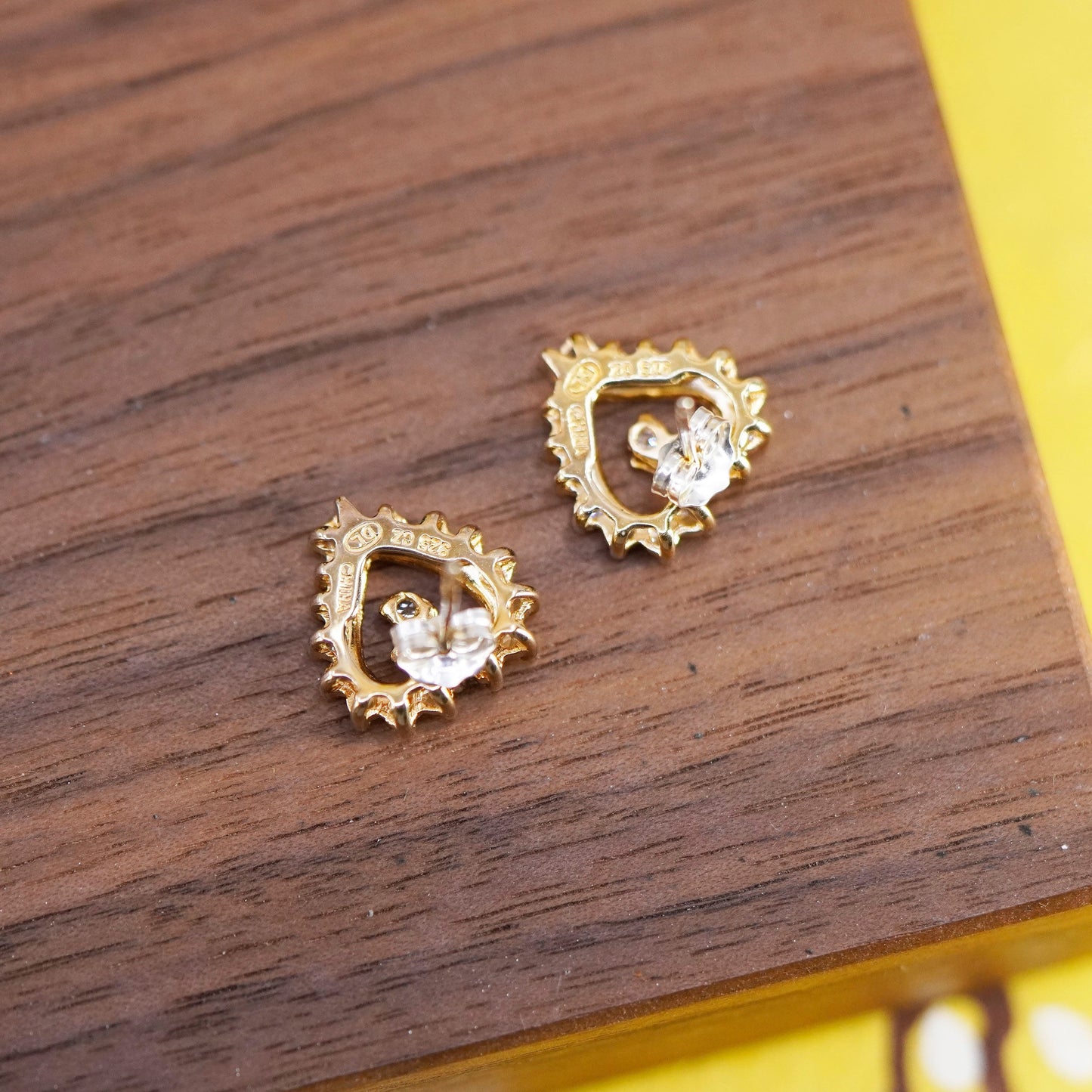 Vintage vermeil gold over Sterling silver heart earrings studs with cz