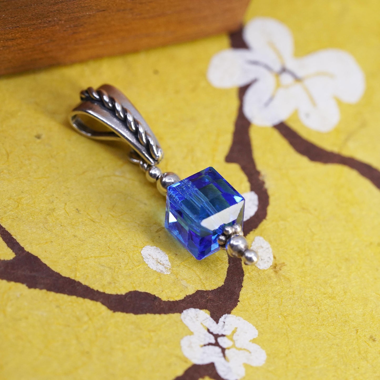 Vintage Sterling silver handmade pendant, 925 silver with blue crystal cube