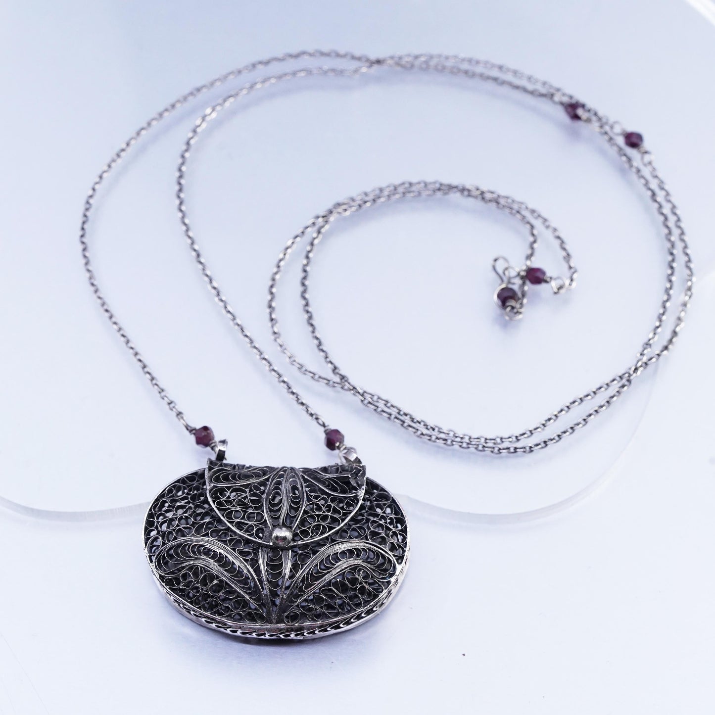 32", Sterling 925 silver necklace filigree purse bag pocket locket pendant