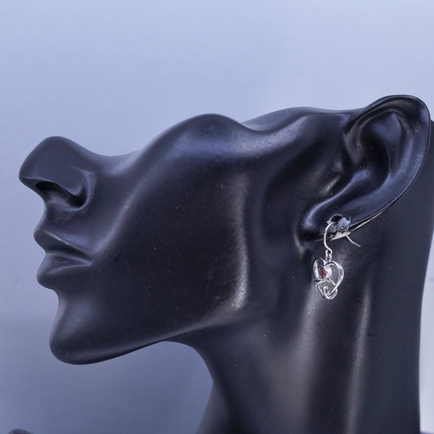 Vintage Sterling 925 silver heart earrings with garnet