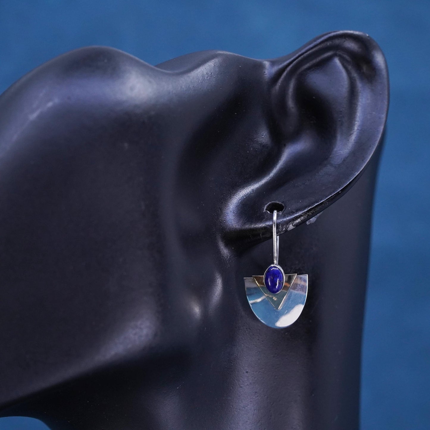Vintage modern sterling silver earrings, 925 two tone discs with lapis lazuli