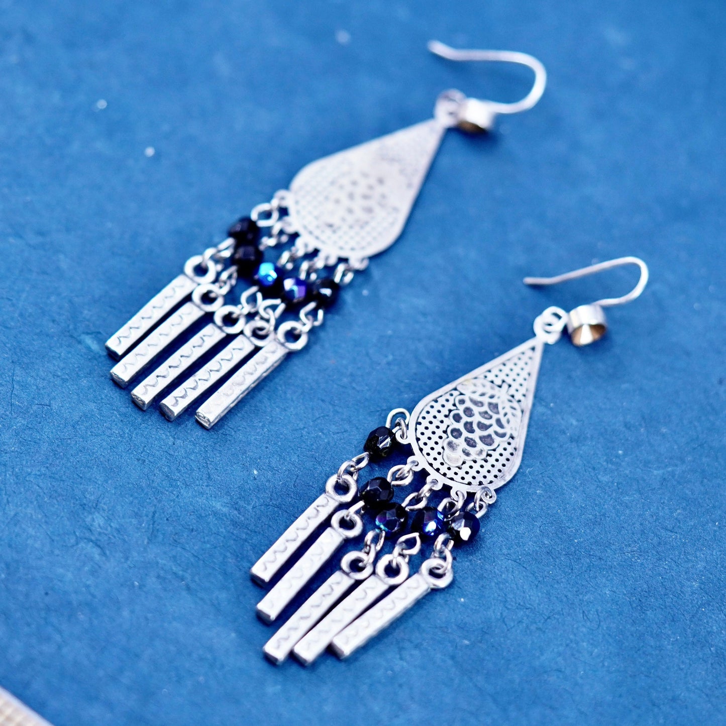 sterling silver handmade earrings, 925 teardrop engraved grapes fringe dangles