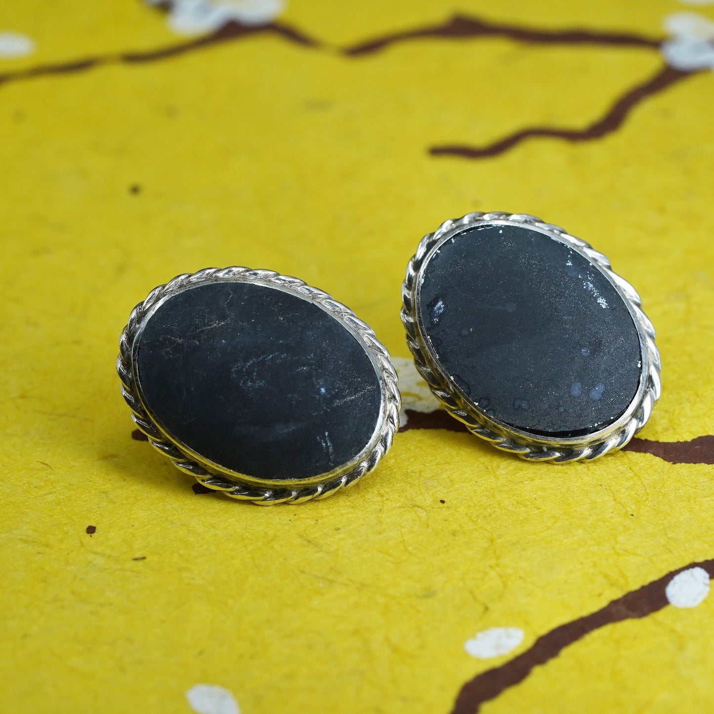 Vintage Sterling silver handmade earrings, oval studs with volcano ash stone