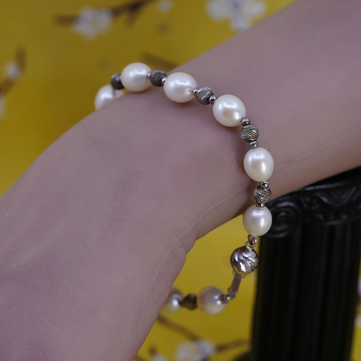 7.5” Sterling silver bracelet, freshwater pearl beads chain 925 silver clasp