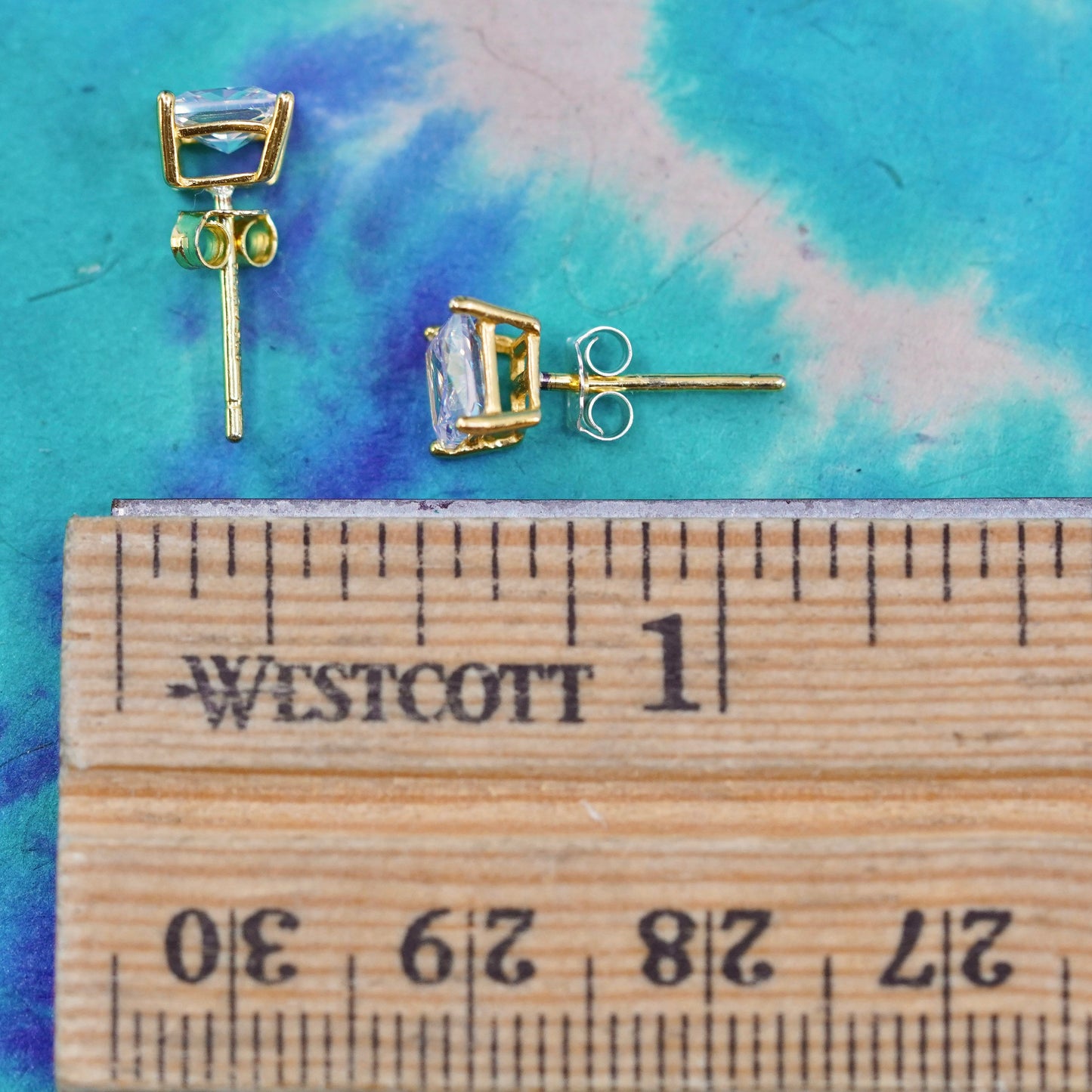 Vintage vermeil rose gold over sterling silver earrings, 925 studs w/ cz inlay