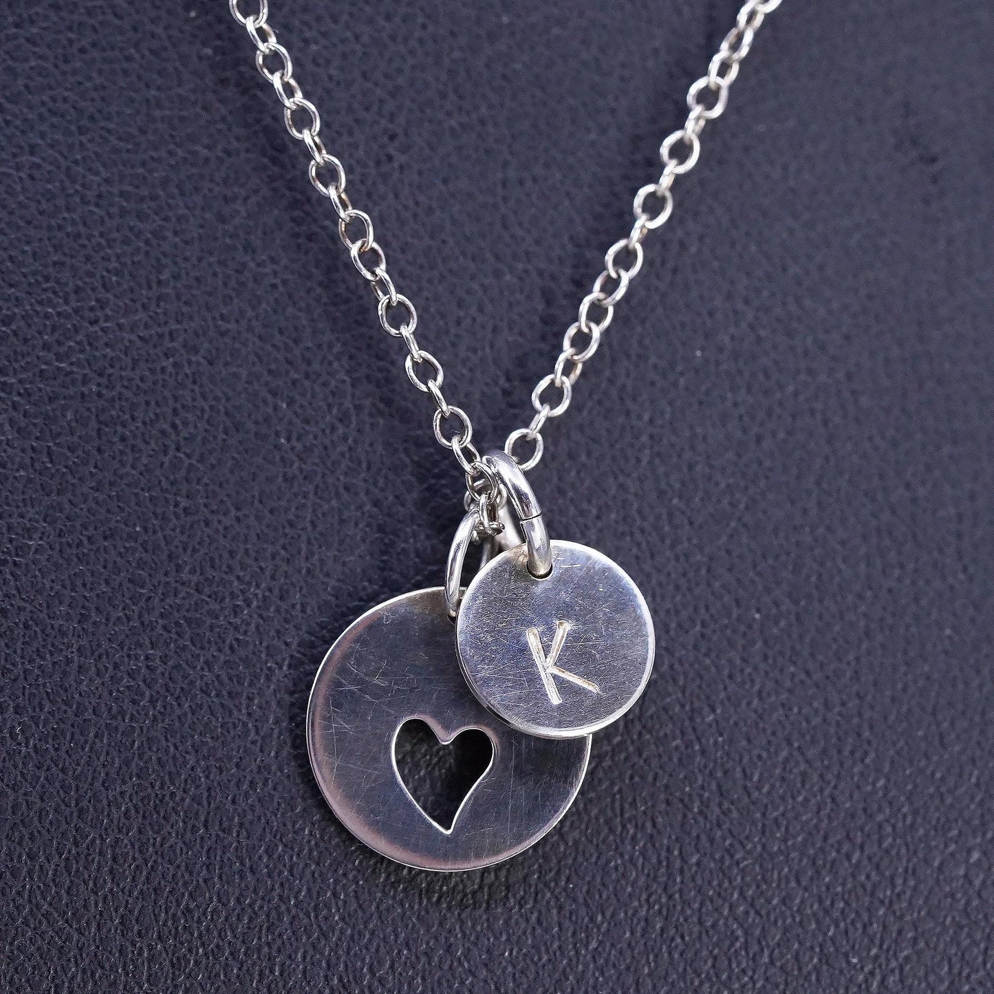 16", 1mm, vintage Sterling silver necklace, 925 circle chain heart tag letter K