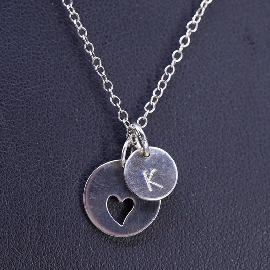 16", 1mm, vintage Sterling silver necklace, 925 circle chain heart tag letter K