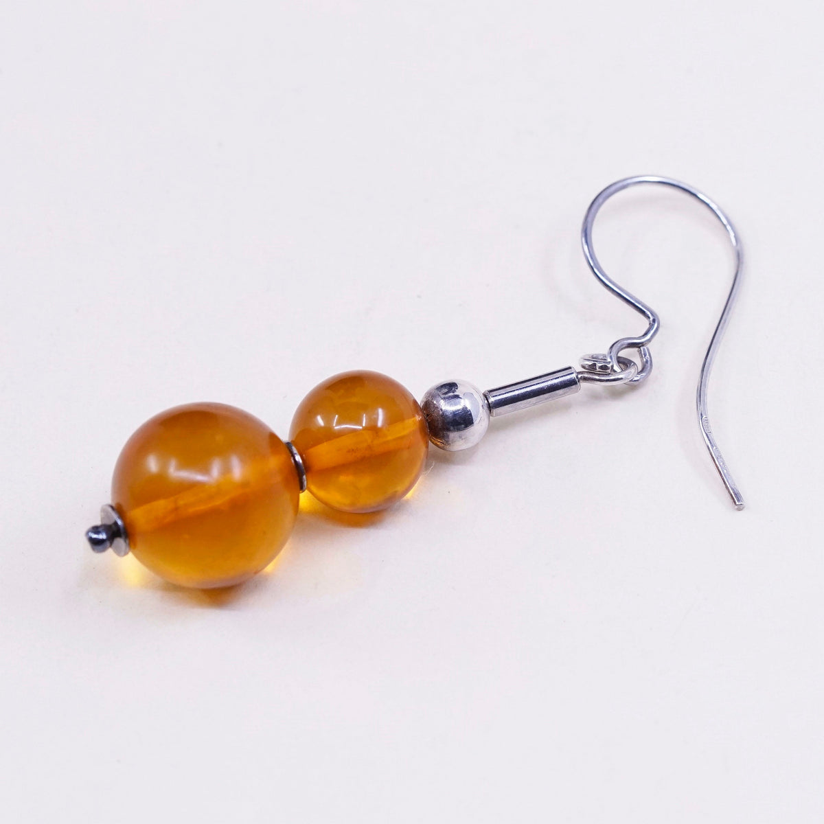 Vintage Sterling 925 silver handmade earrings with amber bead, stamped 925