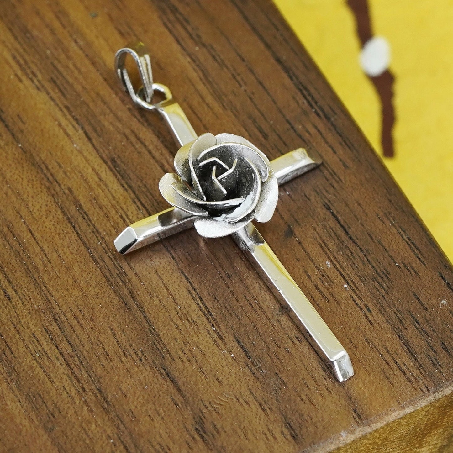 Vintage Sterling silver handmade pendant, 925 cross with rose flower