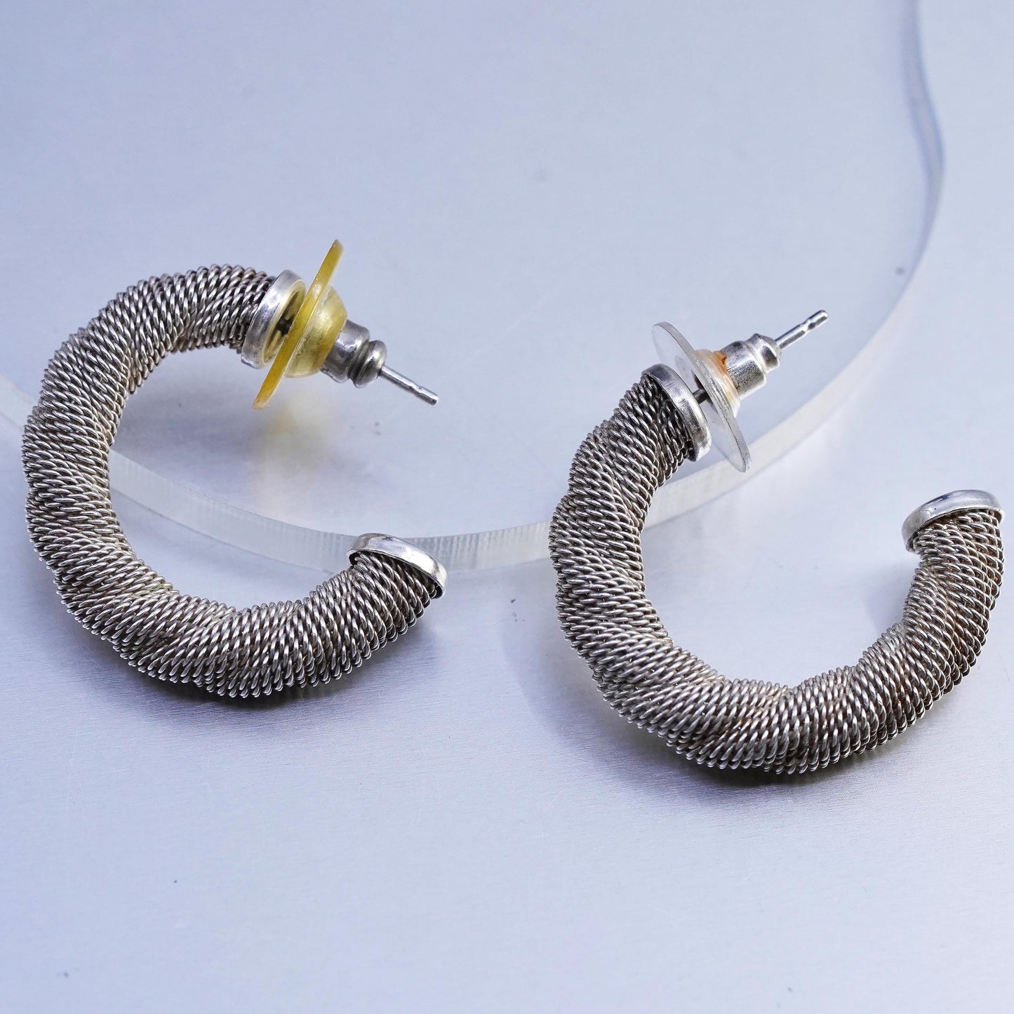 1.25", vintage Italian Sterling silver handmade earrings, 925 huggie hoops