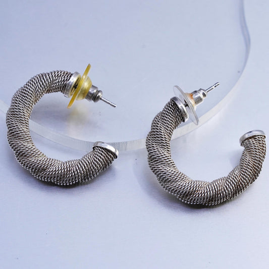 1.25", vintage Italian Sterling silver handmade earrings, 925 huggie hoops