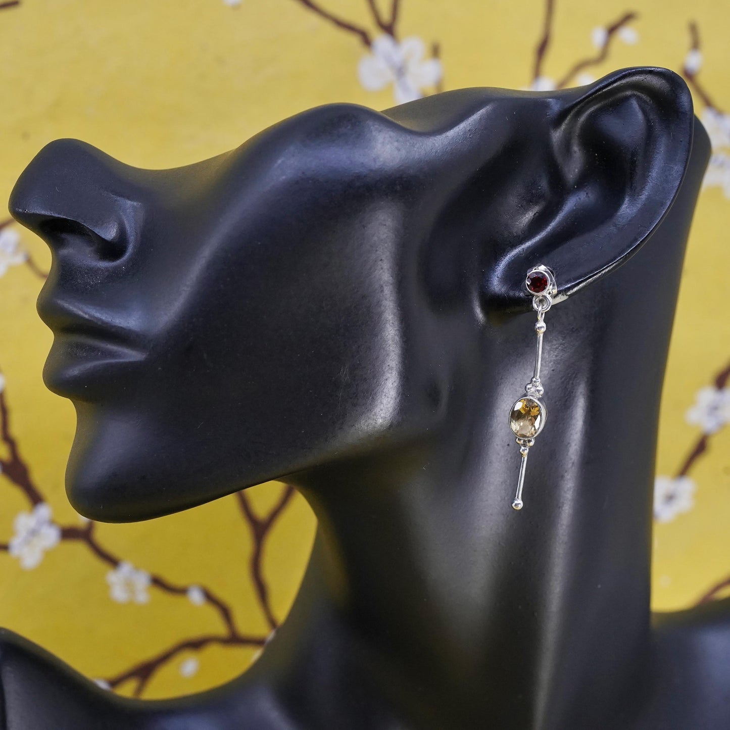 Vintage Sajen sterling 925 silver handmade long earrings with citrine