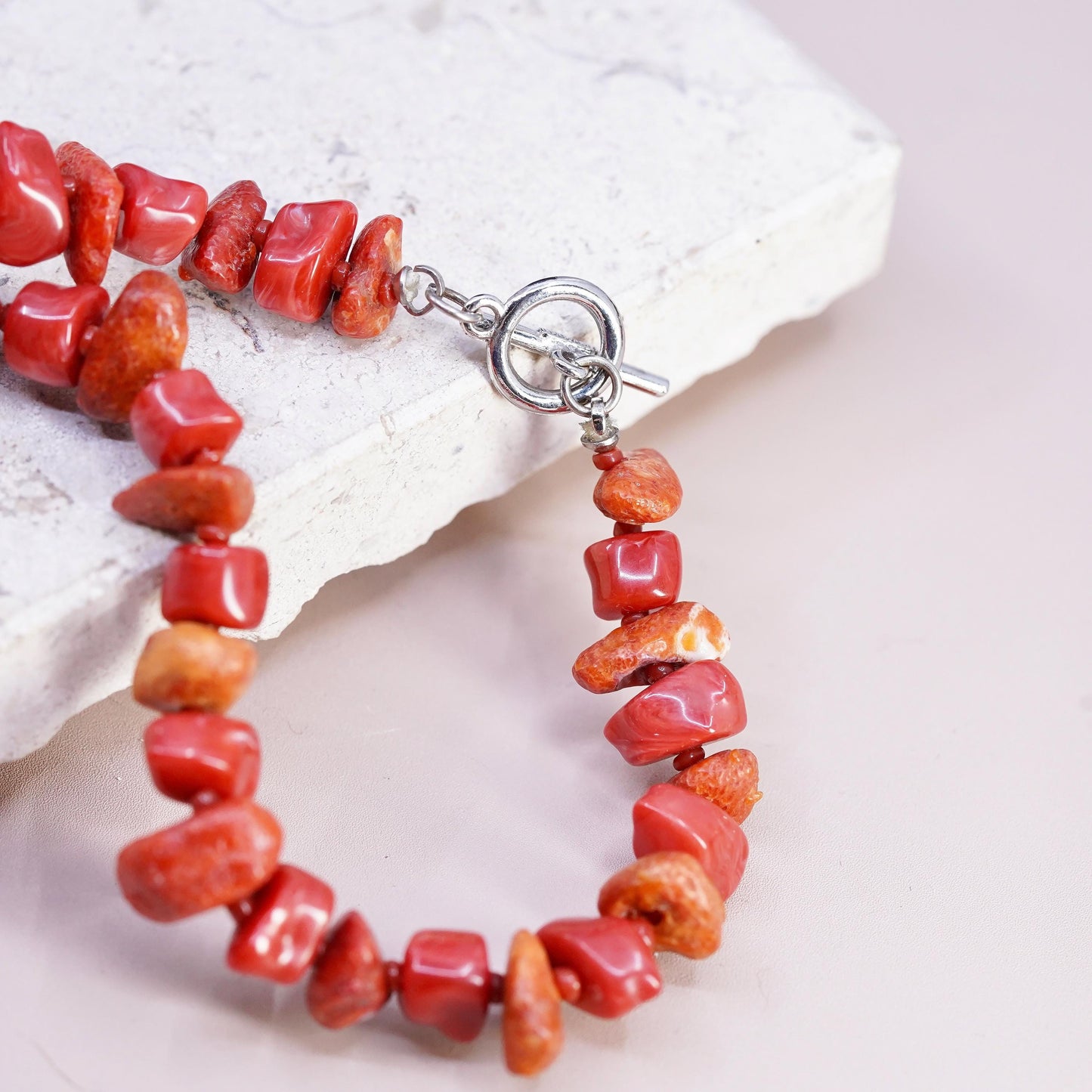 16", silver tone necklace, coral beads necklace pendant with toggle closure