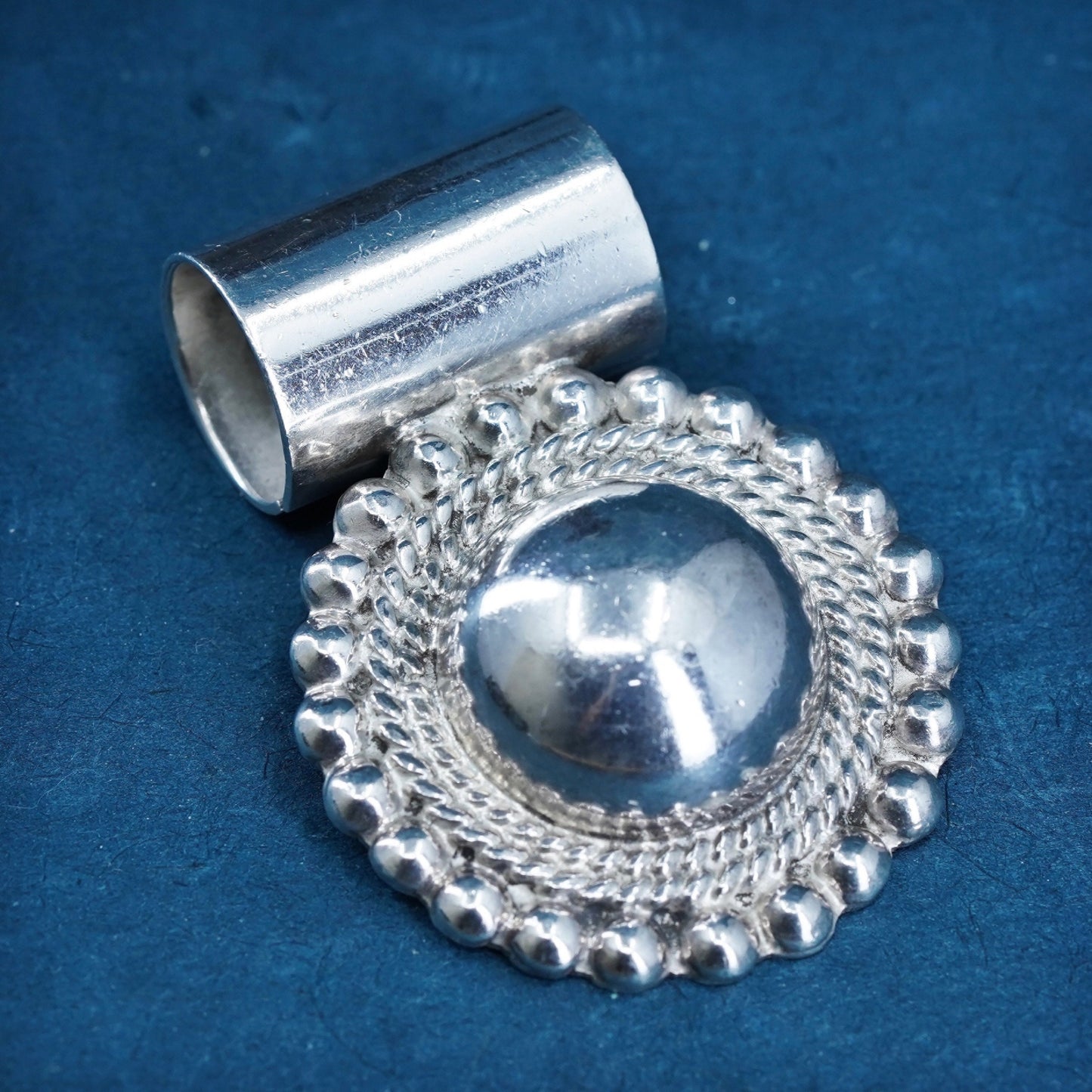 Vintage Mexican sterling silver handmade pendant, 925 beaded circle