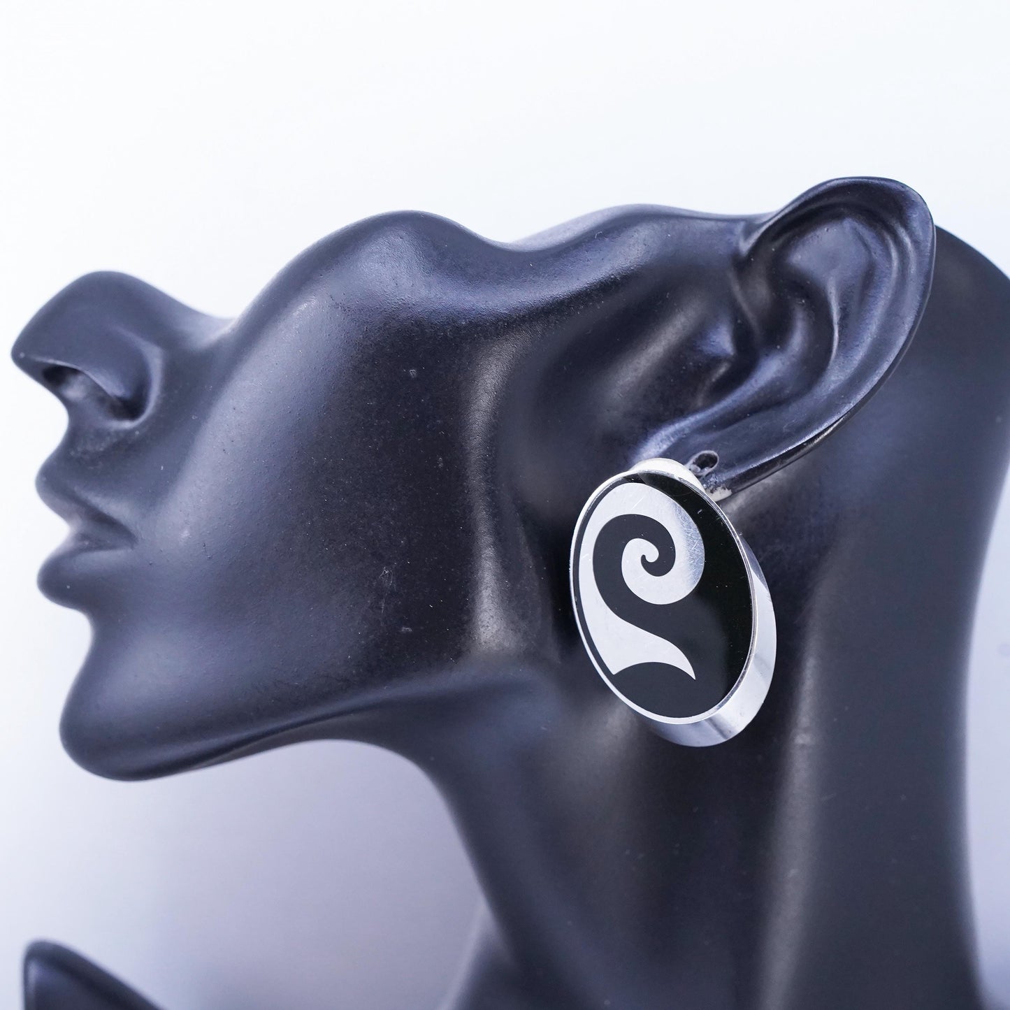 Vintage Varga Sterling Silver Oval Clip On Earrings with onyx and spiral inlay
