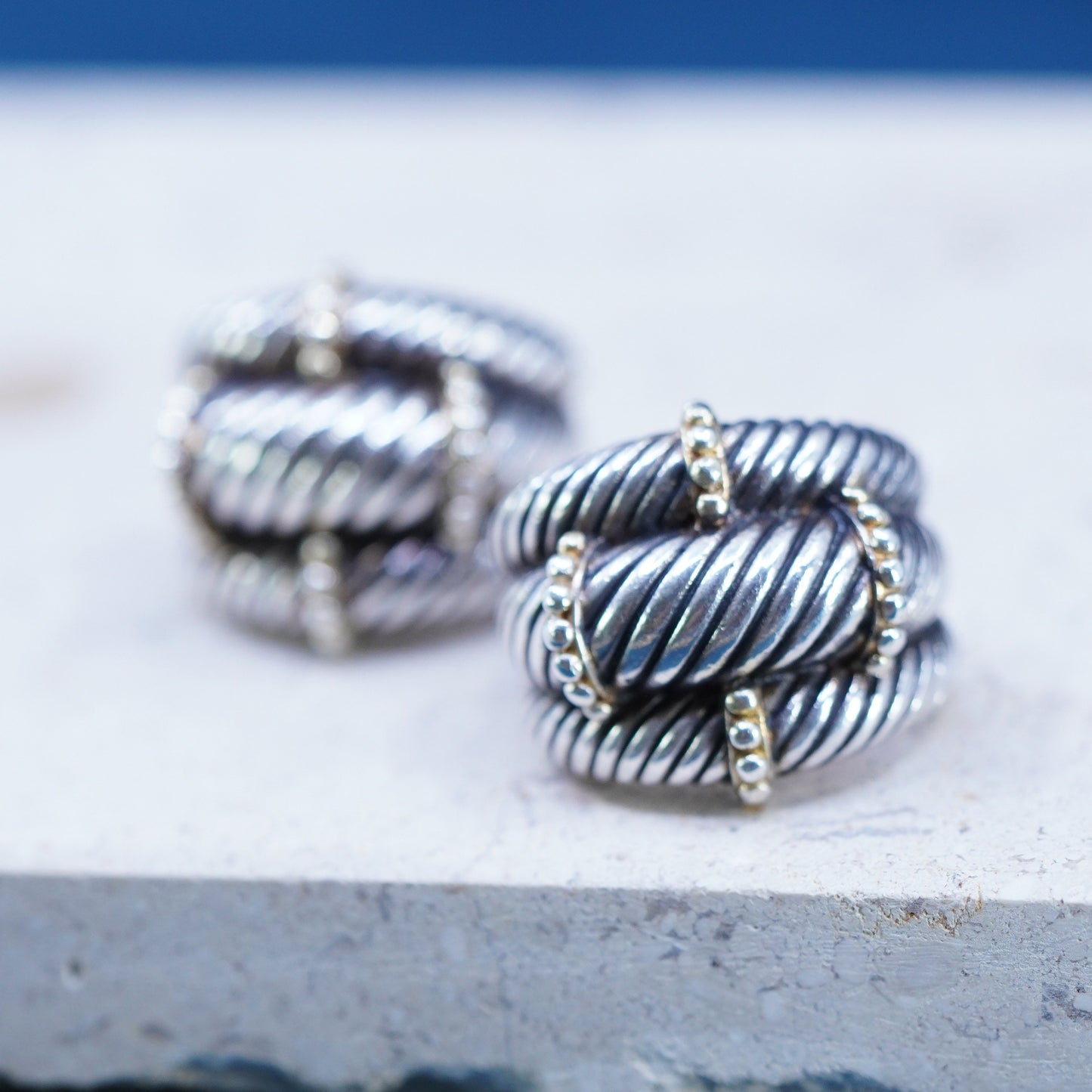 Sterling silver Ribbed earrings, modern 925 silver cable studs with gold beads
