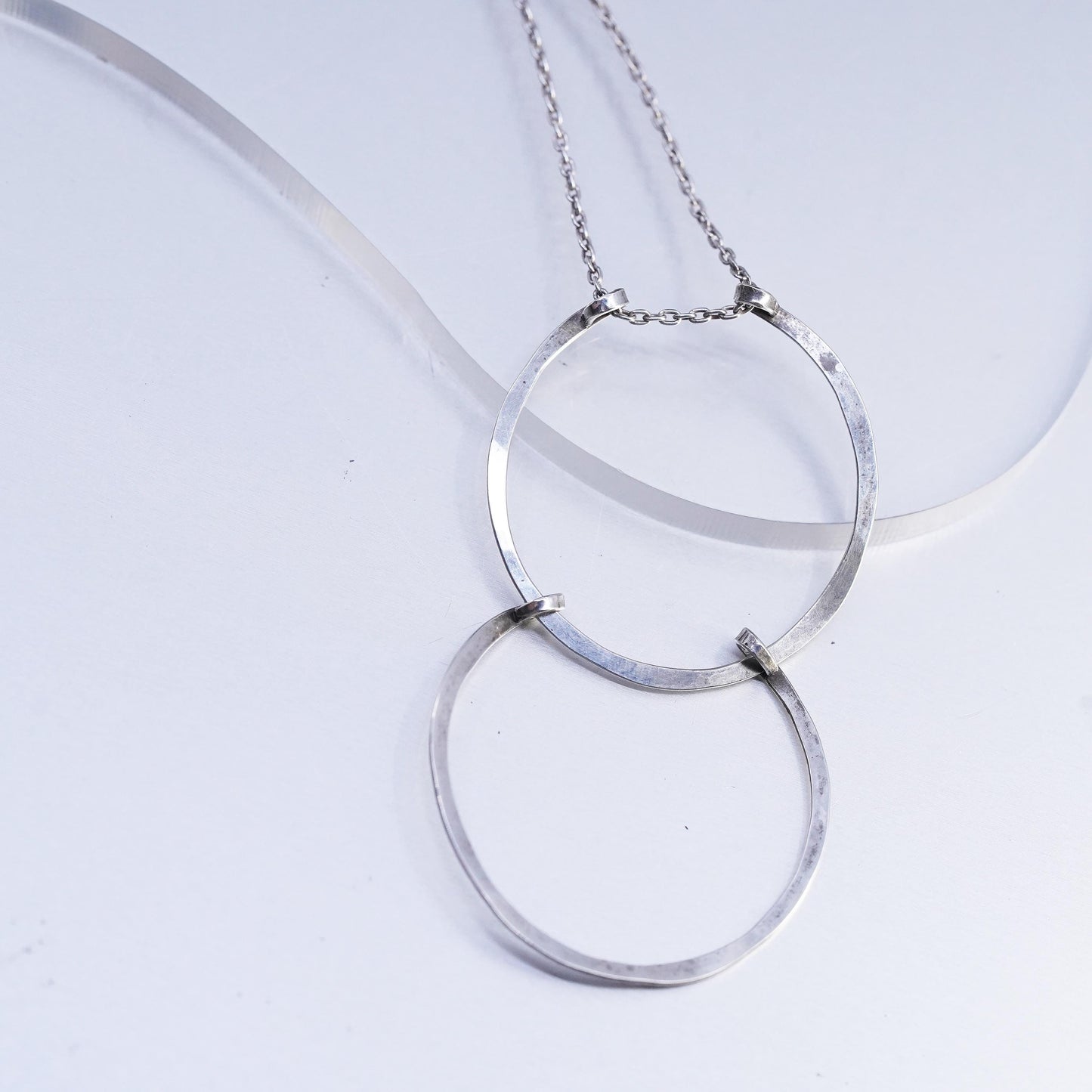 20" 1mm, vintage Sterling 925 silver circle necklace with double circle pendant