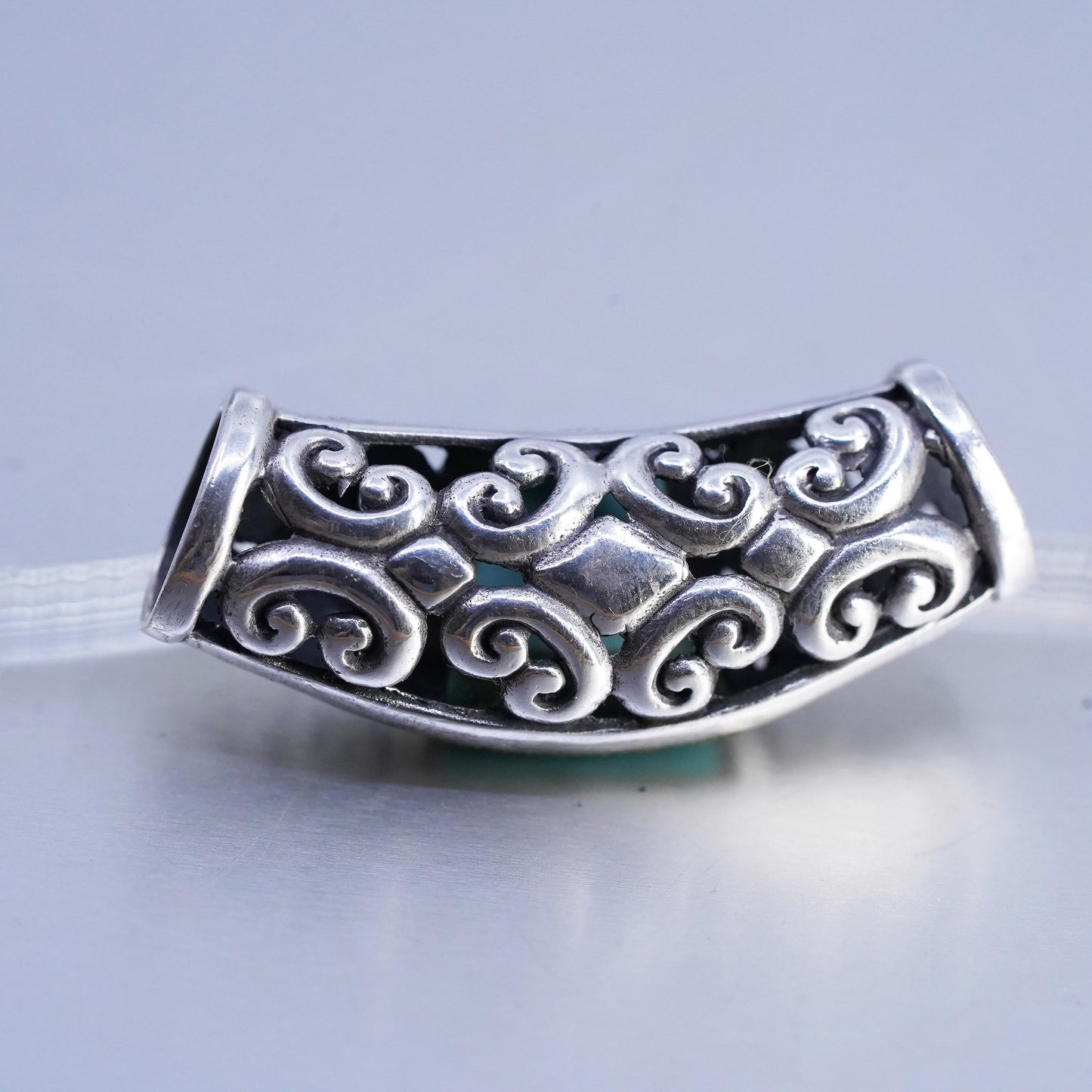 Vintage Thailand sterling 925 silver filigree slide pendant turquoise inlay