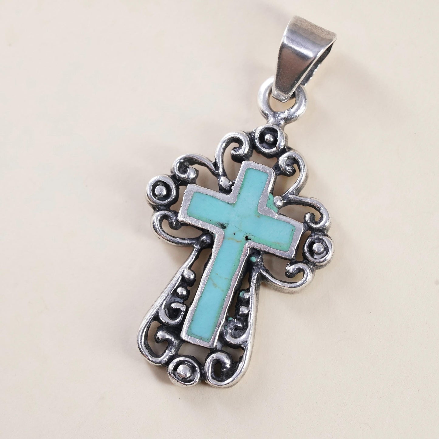 Vintage southwestern Mexican Sterling silver pendant, filigree 925 cross with turquoise inlay, stamped 925 Mex