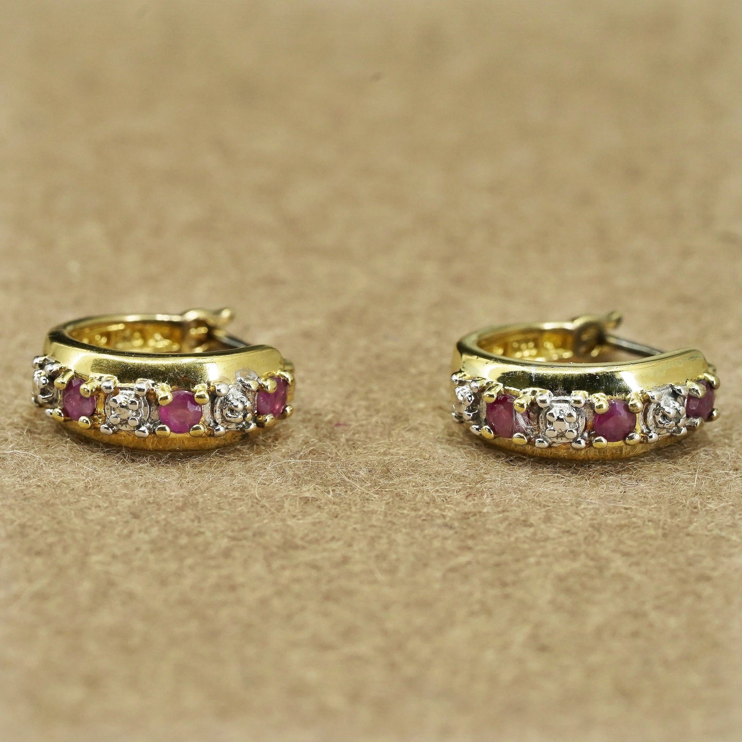 0.5”, vermeil gold over Sterling silver earrings, 925 huggie hoops ruby diamond