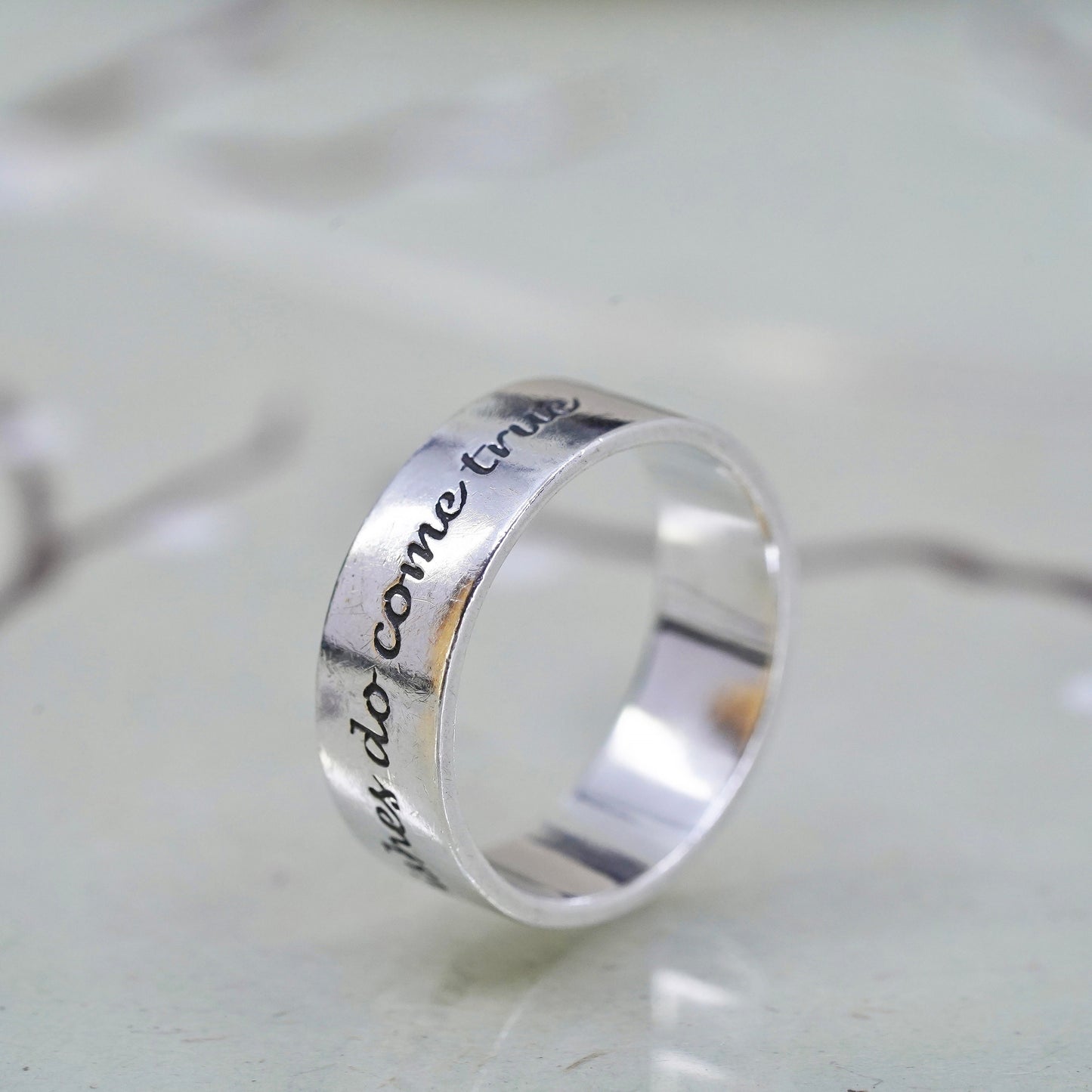 Size 8, DVB sterling silver ring, 925 quote band engraved "wishes do come true"