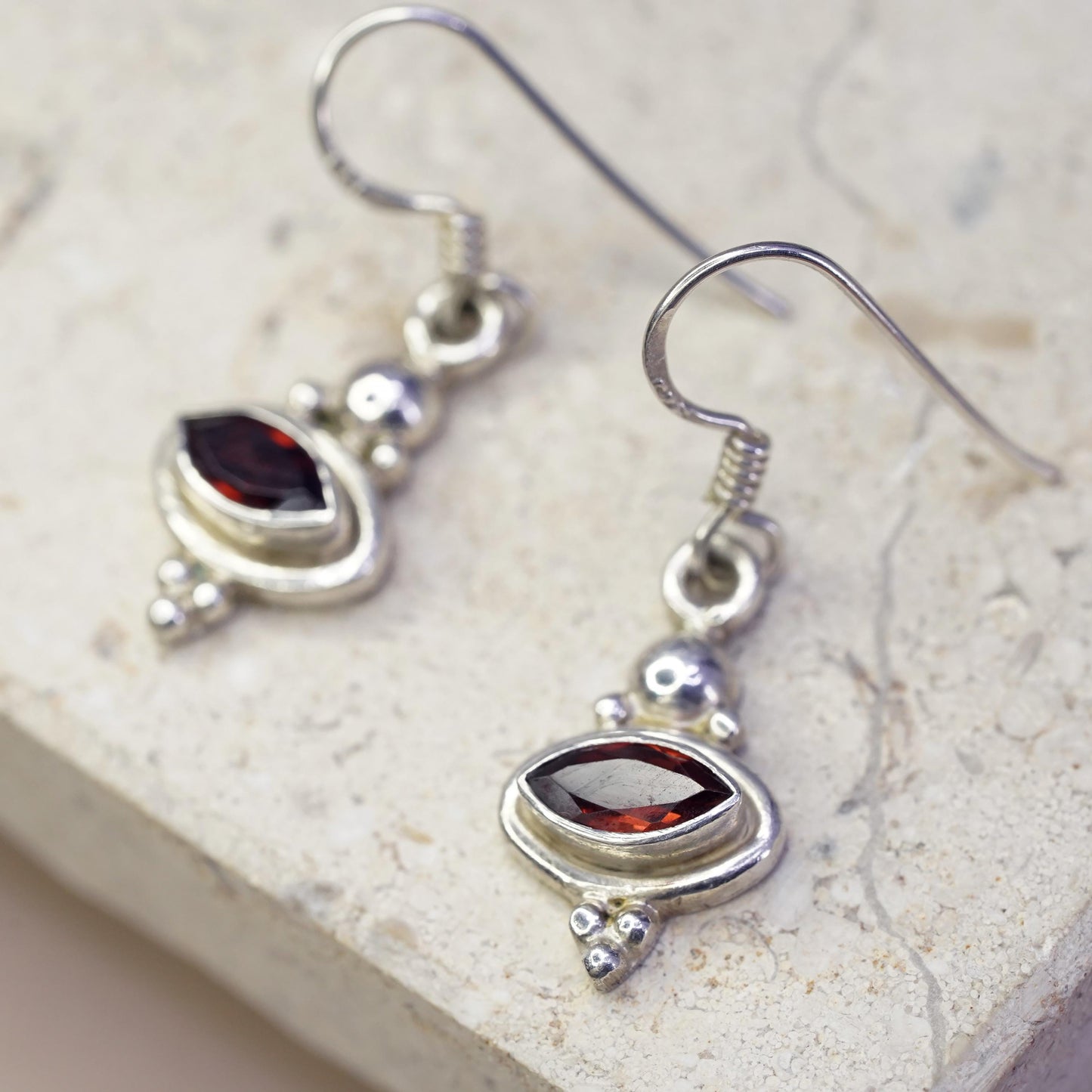 Vintage sterling 925 silver handmade earrings with garnet and beads