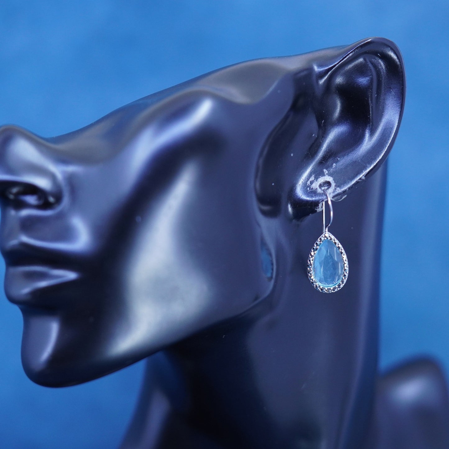 sterling 925 silver handmade teardrop earrings with blue crystal and marcasite