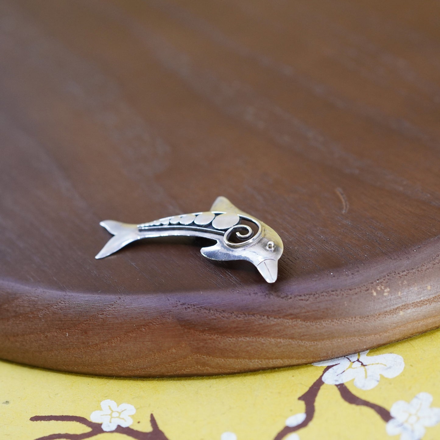 Vintage handmade two tone sterling 925 silver dolphin brooch with brass trim